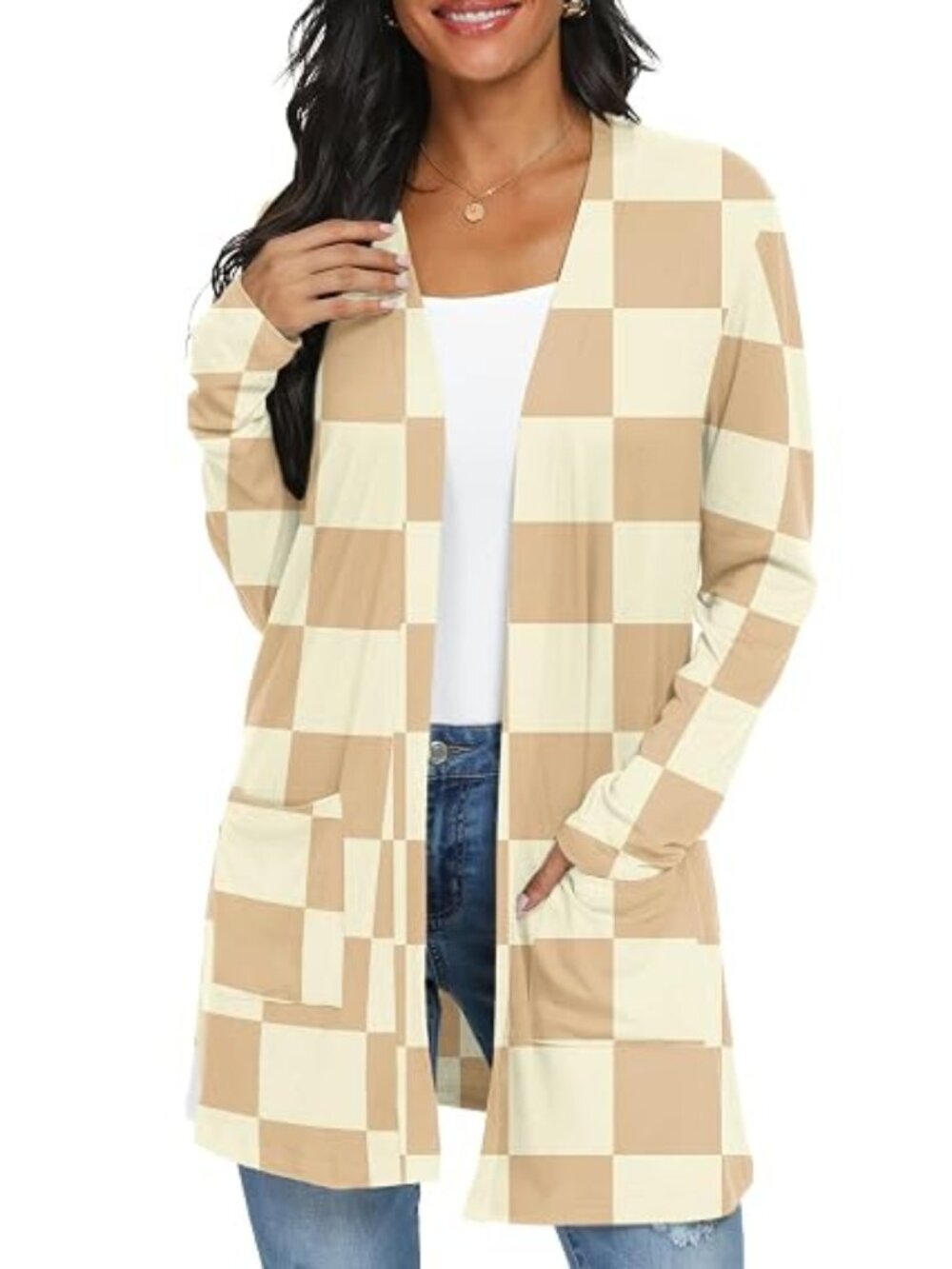 Womens Lightweight Long Sleeve Cardigan w/Pockets Beige/Apricot Check Sz.4X NWT